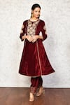 Buy_Samyukta Singhania_Maroon Velvet Embroidered Floral Round Kurta And Palazzo Set _at_Aza_Fashions