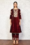 Shop_Samyukta Singhania_Maroon Velvet Embroidered Floral Round Kurta And Palazzo Set _Online_at_Aza_Fashions