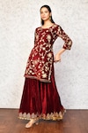 Buy_Khwaab by Sanjana Lakhani_Maroon Velvet Embroidered Floral Round Kurta And Skirt Set_at_Aza_Fashions