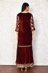 Shop_Khwaab by Sanjana Lakhani_Maroon Velvet Embroidered Floral Round Kurta And Skirt Set_at_Aza_Fashions