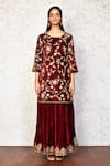 Shop_Khwaab by Sanjana Lakhani_Maroon Velvet Embroidered Floral Round Kurta And Skirt Set_Online_at_Aza_Fashions