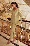 Qala Clothing_Green Cotton Embroidery V-neck Aafreen Schiffli Pattern Top With Pant _Online_at_Aza_Fashions