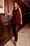 Buy_Qala Clothing_Maroon Cotton Embroidery Round Neck Aroka Blossom Schiffli Top With Pant _at_Aza_Fashions