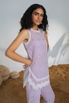 Shop_QALA CLOTHING_Purple Cotton Floral Round Zoya Pastel Top With Pant_at_Aza_Fashions