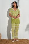 Buy_Qala Clothing_Green Cotton Embroidery V-neck Amira Shiffli Top With Pant _at_Aza_Fashions