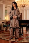 Buy_QALA CLOTHING_Grey Cotton Cambric Embellished Lace Notched Alaya Rosa Kurta And Palazzo Set _at_Aza_Fashions