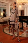 Buy_QALA CLOTHING_Grey Cotton Cambric Embellished Lace Notched Safar Rosa Kurta And Dhoti Pant Set_at_Aza_Fashions