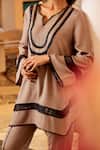 QALA CLOTHING_Grey Cotton Cambric Embellished Lace Notched Safar Rosa Kurta And Dhoti Pant Set_Online_at_Aza_Fashions