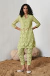 Buy_Qala Clothing_Green Cotton Embroidery Mandarin Collar Isla Schiffli Blossom Top With Pant _at_Aza_Fashions