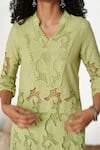 Qala Clothing_Green Cotton Embroidery Mandarin Collar Isla Schiffli Blossom Top With Pant _Online_at_Aza_Fashions