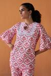Shop_Qala Clothing_Red Cotton Lace, Embroidery Keyhole Neck Rimzim Schiffli Swirl Top With Pant _Online_at_Aza_Fashions