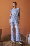 Buy_Qala Clothing_Blue Cotton Lace, Embroidery Round Neck Sasha Schiffli Flora Top With Pant _at_Aza_Fashions