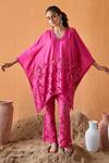 Buy_QALA CLOTHING_Pink 100% Cotton Flora V Neck Serena Kaftan Top With Pant _at_Aza_Fashions