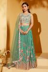 Buy_Suruchi Parakh_Green Georgette, Organza Mirrors V-neck Floral Pattern Lehenga Set _at_Aza_Fashions