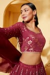 Shop_Suruchi Parakh_Maroon Organza, Georgette Embroidery V-neck Leaf Pattern Lehenga Set _Online_at_Aza_Fashions