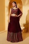 Suruchi Parakh_Wine Organza, Georgette Mirrors V-neck Embroidered Lehenga Set _Online_at_Aza_Fashions