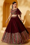 Shop_Suruchi Parakh_Wine Organza, Georgette Mirrors V-neck Embroidered Lehenga Set _Online_at_Aza_Fashions