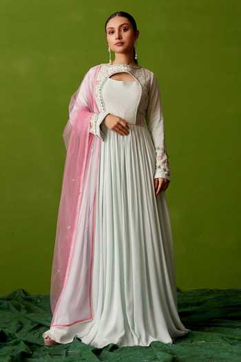 Buy_Suruchi Parakh_Green Georgette, Net Embroidery Keyhole Neck Floral Anarkali With Dupatta _at_Aza_Fashions