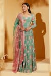 Buy_Suruchi Parakh_Green Georgette, Organza Embroidery V-neck Floral Print Anarkali With Dupatta _at_Aza_Fashions