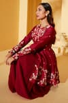 Shop_Suruchi Parakh_Wine Georgette, Tussar, Net Embroidery Round Floral Short Anarkali Sharara Set _Online_at_Aza_Fashions