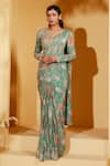 Buy_Suruchi Parakh_Green Georgette, Crepe Embroidery, Floral Print Pre-draped Saree With Blouse _at_Aza_Fashions