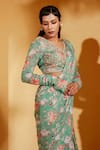 Suruchi Parakh_Green Georgette, Crepe Embroidery, Floral Print Pre-draped Saree With Blouse _at_Aza_Fashions
