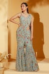 Buy_suruchi parakh_Blue Georgette Crepe Printed Floral V Neck Pre-draped Sharara Saree With Blouse_at_Aza_Fashions