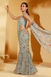 suruchi parakh_Blue Georgette Crepe Printed Floral V Neck Pre-draped Sharara Saree With Blouse_Online_at_Aza_Fashions