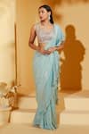 suruchi parakh_Blue Georgette Crepe Embroidered Sequins Ruffle Pre-draped Saree With Blouse_Online_at_Aza_Fashions