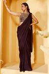 Buy Suruchi Parakh Wine Georgette Embroidery High Neck Pre-draped Saree With Hand Blouse at Aza Fashions Buy_Suruchi Parakh_Wine Georgette Embroidery High Neck Pre-draped Saree With Hand Blouse _at_Aza_Fashions