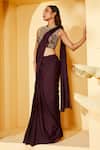 Suruchi Parakh Wine Georgette Embroidery High Neck Pre-draped Saree With Hand Blouse Online at Aza Fashions Suruchi Parakh_Wine Georgette Embroidery High Neck Pre-draped Saree With Hand Blouse _Online_at_Aza_Fashions