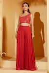 Buy_Suruchi Parakh_Red Georgette Embroidery Sequins Asymmetric Neck Crop Top With Flared Pant _at_Aza_Fashions