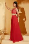 Suruchi Parakh_Red Georgette Embroidery Sequins Asymmetric Neck Crop Top With Flared Pant _Online_at_Aza_Fashions