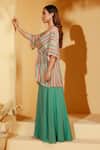 Suruchi Parakh_Green Crepe, Georgette V-neck Abstract Stripe Tunic And Flared Pant Set _Online_at_Aza_Fashions