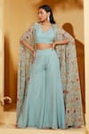 Buy_Suruchi Parakh_Blue Georgette, Crepe Embroidery, Beads V-neck Flower Print Cape Flared Pant Set _at_Aza_Fashions