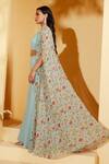 Suruchi Parakh_Blue Georgette, Crepe Embroidery, Beads V-neck Flower Print Cape Flared Pant Set _Online_at_Aza_Fashions