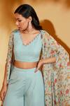 Buy_Suruchi Parakh_Blue Georgette, Crepe Embroidery, Beads V-neck Flower Print Cape Flared Pant Set _Online_at_Aza_Fashions