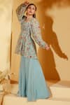 Suruchi Parakh_Blue Crepe, Georgette Square Neck Floral Print Peplum Tunic With Pant _Online_at_Aza_Fashions