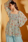 Buy_Suruchi Parakh_Blue Crepe, Georgette Square Neck Floral Print Peplum Tunic With Pant _Online_at_Aza_Fashions