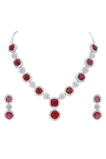 Auraa Trends_Red Zari, Diamonds Zircon Embellished Necklace Set _Online_at_Aza_Fashions