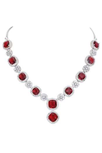 Shop_Auraa Trends_Red Zari, Diamonds Zircon Embellished Necklace Set _Online_at_Aza_Fashions