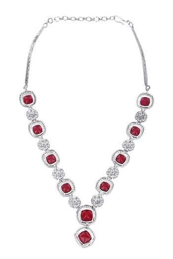 Auraa Trends_Red Zari, Diamonds Zircon Embellished Necklace Set _at_Aza_Fashions