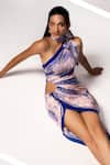 Vivek Patel_Pink Bemberg Satin Digital Printed One Shoulder Dress With Scarf_at_Aza_Fashions