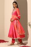 Pomcha Jaipur_Pink Muslin, Chiffon, Cotton Gota Patti V-neck Floral Lace Anarkali Pant Set _Online_at_Aza_Fashions