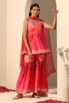 Buy_Pomcha Jaipur_Pink Muslin, Chiffon Gota Patti V-neck Gul Bahaar Peplum Tunic And Sharara Set _at_Aza_Fashions
