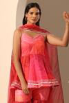 Shop_Pomcha Jaipur_Pink Muslin, Chiffon Gota Patti V-neck Gul Bahaar Peplum Tunic And Sharara Set _at_Aza_Fashions