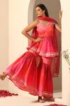 Shop_Pomcha Jaipur_Pink Muslin, Chiffon Gota Patti V-neck Gul Bahaar Peplum Tunic And Sharara Set _Online_at_Aza_Fashions