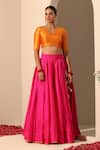 Shop_POMCHA JAIPUR_Pink Lehenga And Blouse Tafetta Silk Embroidered Gota Lace V Gul Tasseled Set