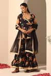 Buy_Pomcha Jaipur_Black Georgette Gota Patti V-neck Floral Pattern Peplum Tunic And Sharara Set _at_Aza_Fashions