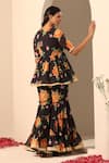 Shop_Pomcha Jaipur_Black Georgette Gota Patti V-neck Floral Pattern Peplum Tunic And Sharara Set _at_Aza_Fashions